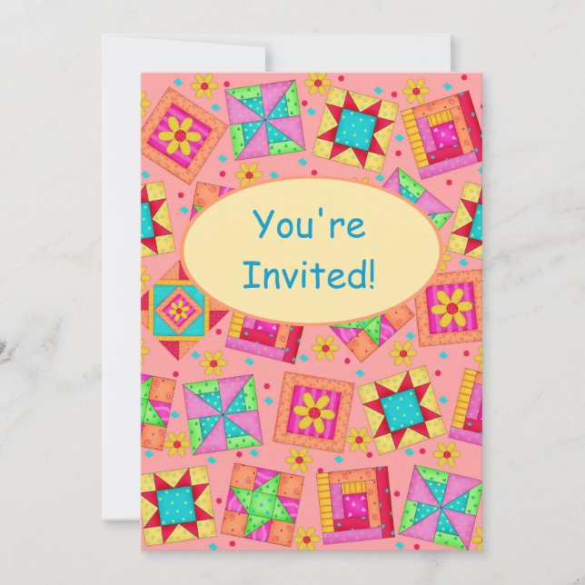 Coral Orange Patchwork Quilt Block Art Invitation (Front)