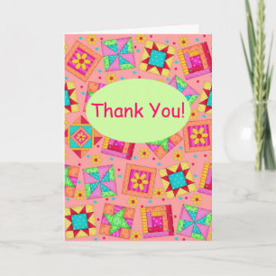 Coral Orange Patchwork Quilt Block Art Thank You Card