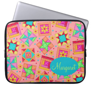 Coral Orange Personalise Patchwork Quilt Block Art Laptop Sleeve