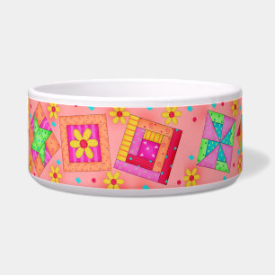 Coral Orange Quilt Block Dog Food Bowl