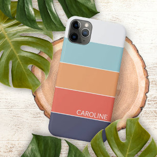 Coral Orange Red Dark Blue Seafoam Green Stripes iPhone 15 Mini Case