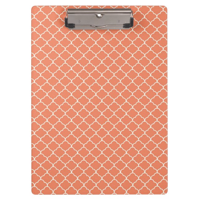 Coral Orange, Salmon, Moroccan Quatrefoil Clipboard (Front)