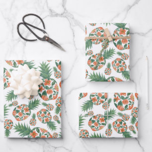 Coral Orange Watercolor Floral Pineapples Pattern Wrapping Paper Sheet
