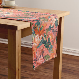 Coral orange watercolor floral summer pattern short table runner
