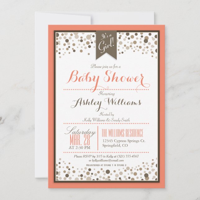 Coral Orange, White, & Taupe Modern Baby Shower Invitation (Front)