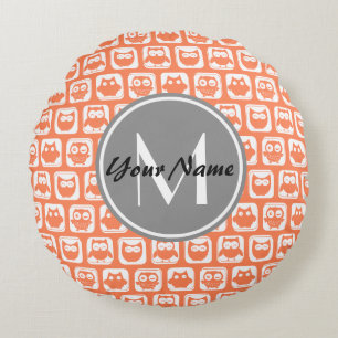 Coral Owls Gray Personalized Monogram Round Cushion