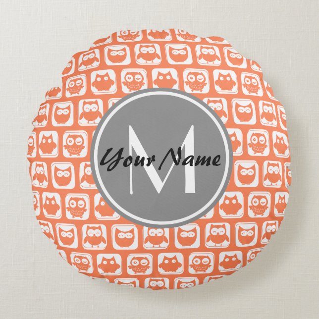 Coral Owls Grey Personalised Monogram Round Cushion (Front)