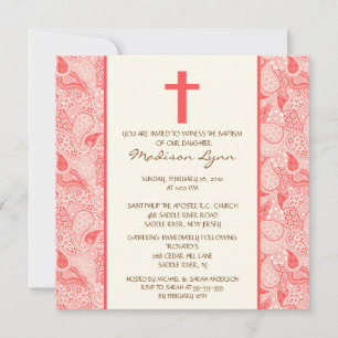 Coral PAISLEY Baby Girl Baptism Inviation Invitation