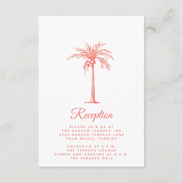 Coral Palm Tree Tropical Beach Wedding Reception Enclosure Card (Front)