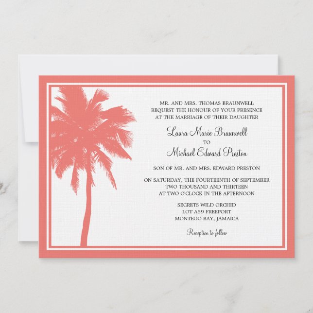 Coral Palm Tree Tropical Wedding Invitation (Front)