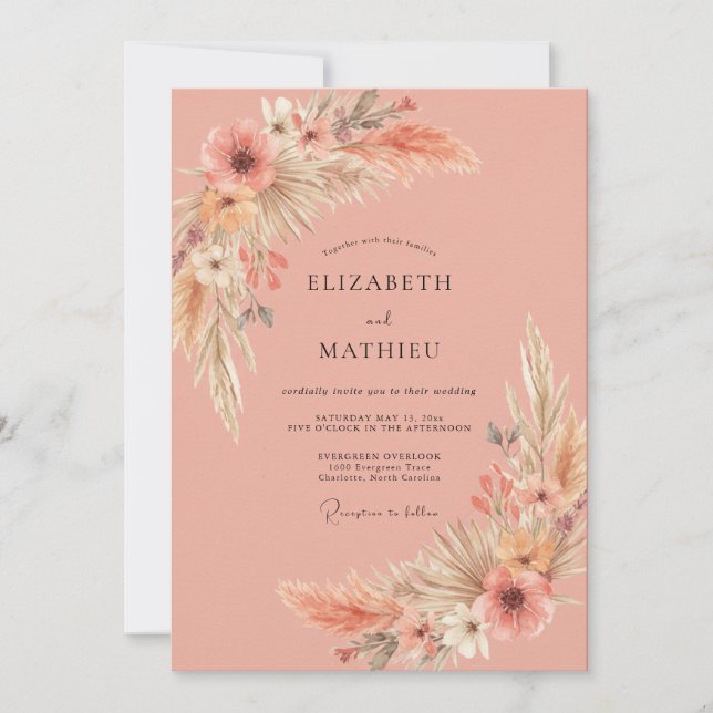 Coral Pampas Eucalyptus Wedding Invitation (Front)