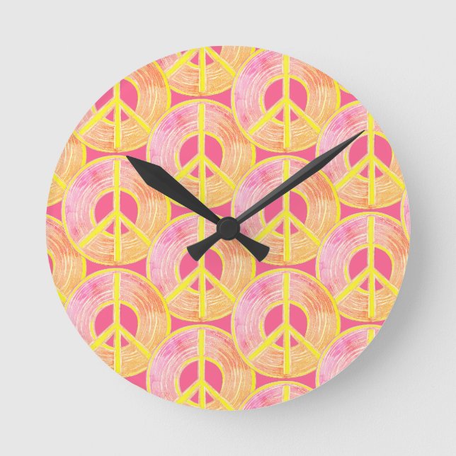 Coral Peace Sign Wall Clock, 8" Round Acrylic Clock (Front)