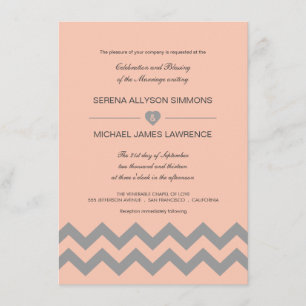 Coral Peach and Grey Chevron Wedding Invitations