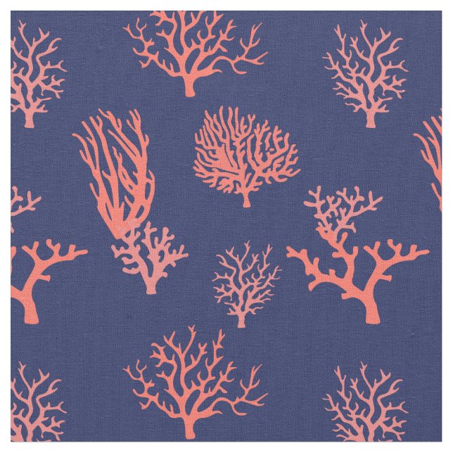 Coral Peach and Navy Blue Patterned Fabric (Close Up)
