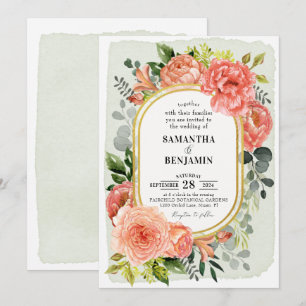 Coral Peach Blush Floral Gold Modern Wedding  Invitation