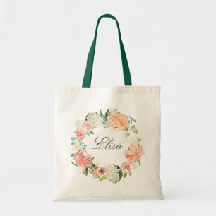 Coral Peach Blush Floral Wreath Bridesmaid Tote Bag