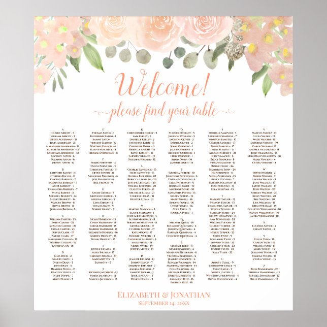Coral Peach Boho Floral Alphabetical Seating Chart (Front)