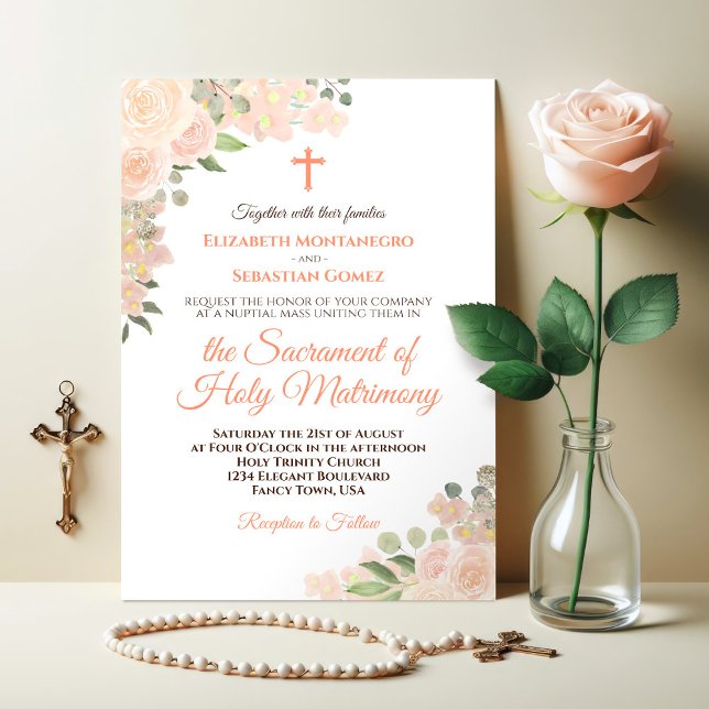 Coral Peach Boho Floral Modern Catholic Wedding Invitation (Creator Uploaded)