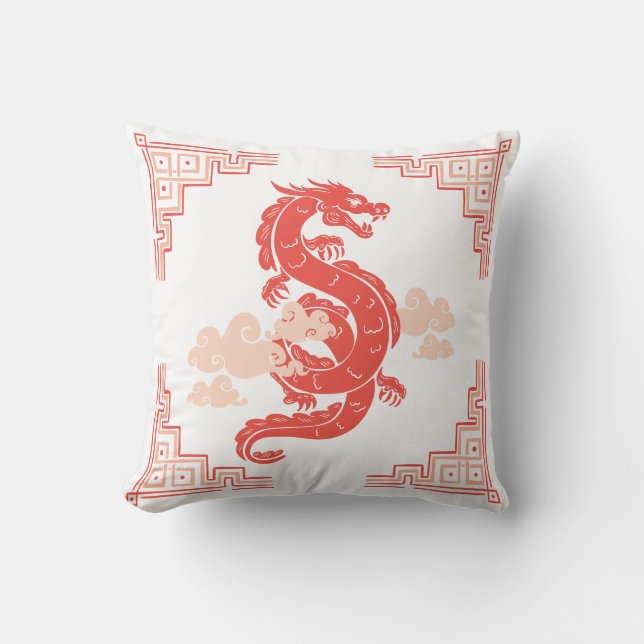 Coral Peach Chinoiserie Dragon and Clouds Cushion (Front)