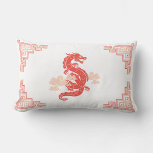 Coral Peach Chinoiserie Dragon and Clouds Lumbar Cushion
