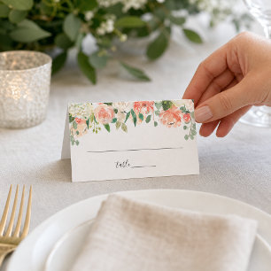 Coral Peach Cream Garden Floral Wedding Place Card