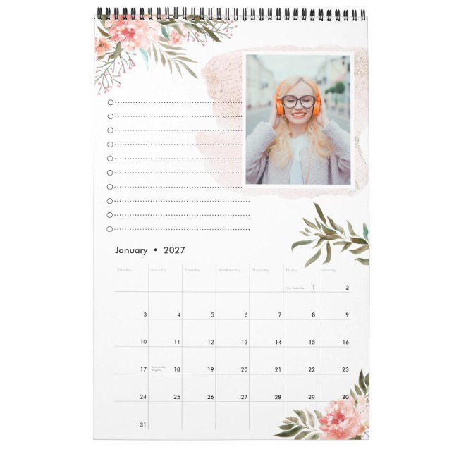 Coral Peach Floral | 12 Photo Calendar with Notes (Jan 2027)