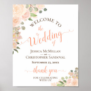 Coral Peach Floral Elegant Wedding Welcome Sign