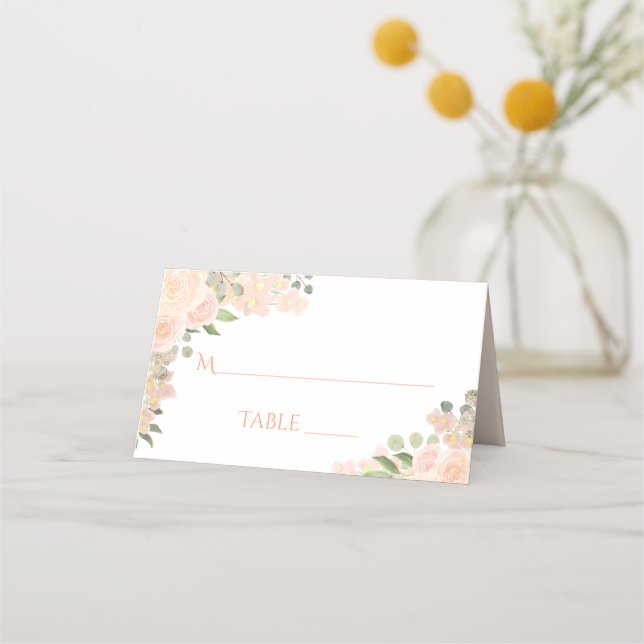 Coral Peach Floral Elegant Wedding Write-In Place Card (Front)