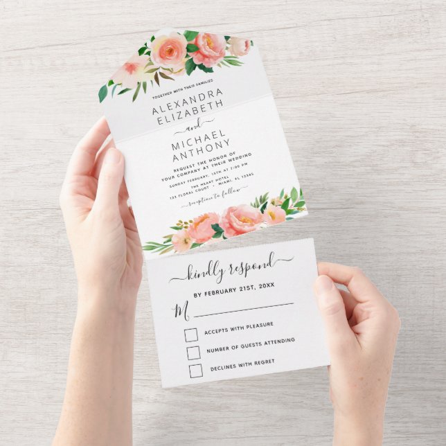 Coral Peach Floral Flowers Wedding All In One Invi Invitation (Tearaway)