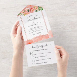 Coral Peach Floral Flowers Wedding RSVP All In One Invitation