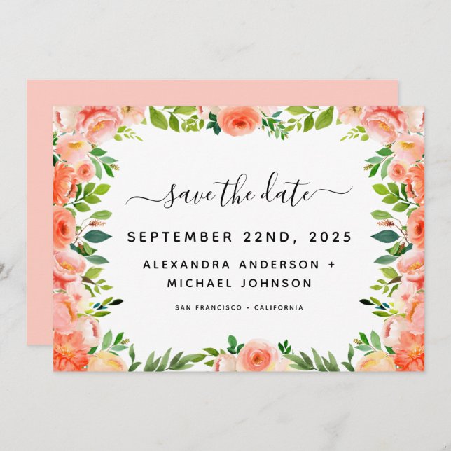 Coral Peach Floral Greenery Save the Date Invitation (Front/Back)