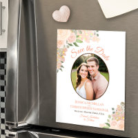 Coral Peach Floral Save the Date Oval Photo Magnet