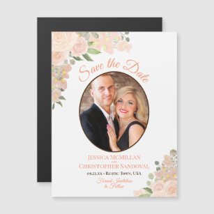 Coral Peach Floral Save the Date Oval Photo Magnet