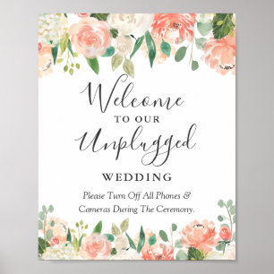 Coral Peach Floral Unplugged Wedding Ceremony Sign
