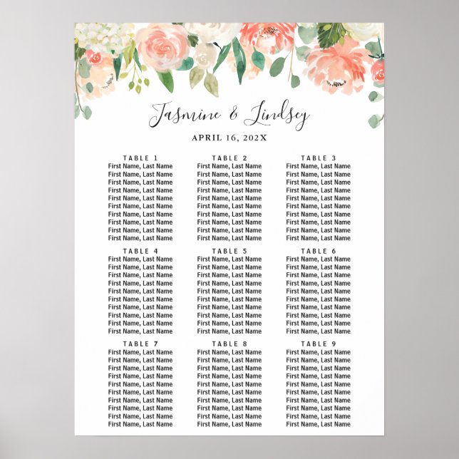 Coral Peach Floral Wedding Seating Chart Poster (Front)