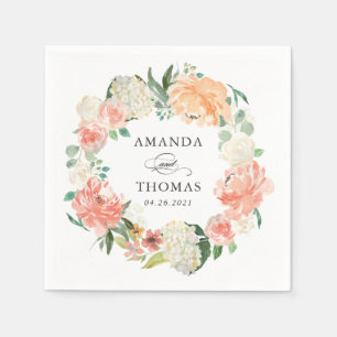 Coral Peach Floral Wreath Wedding Napkins