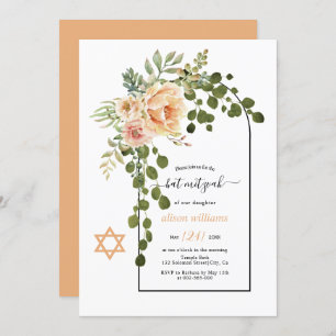 Coral peach flowers and arch floral Bat Mitzvah Invitation