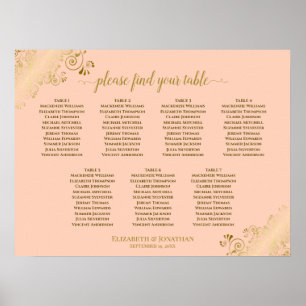 Coral Peach & Gold 7 Table Wedding Seating Chart