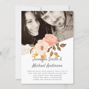 Coral Peach Gold Bronze Floral Wedding Invitations