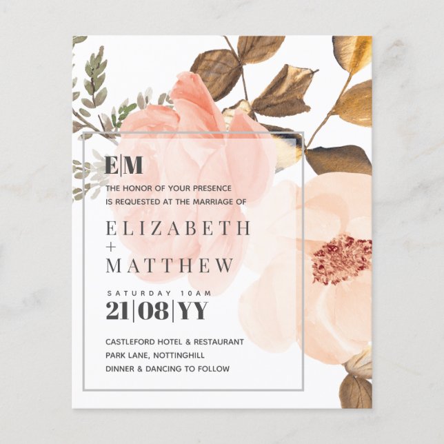 Coral Peach Gold Bronze Floral Wedding Invitations (Front)
