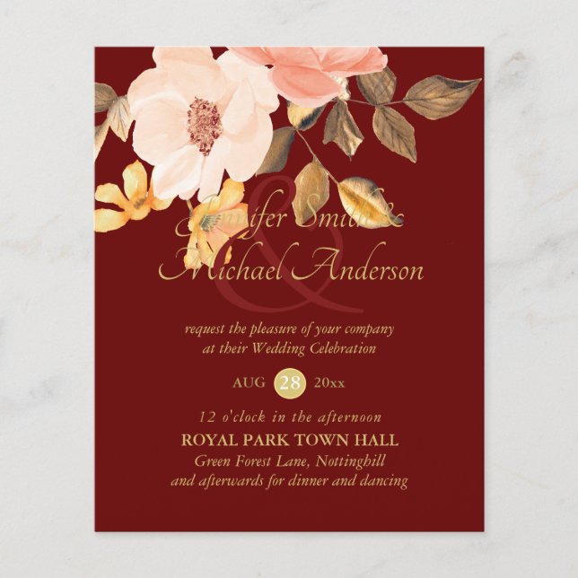 Coral Peach Gold Bronze Floral Wedding Invitations (Front)