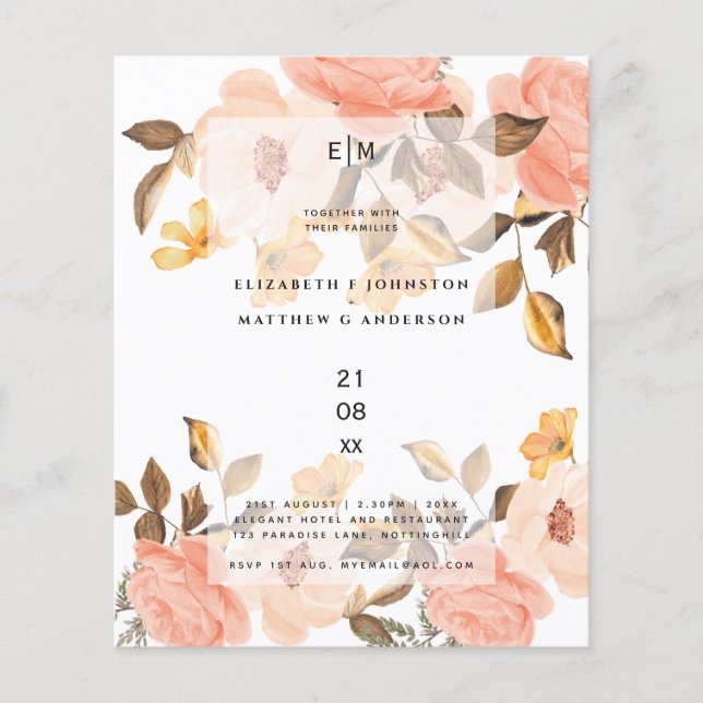 Coral Peach Gold Bronze Floral Wedding Invitations (Front)