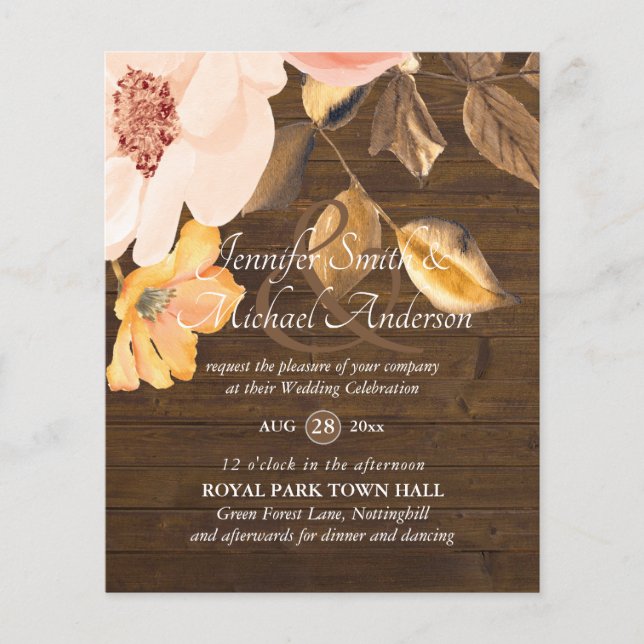 Coral Peach Gold Bronze Floral Wedding Invitations (Front)