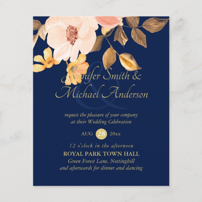 Coral Peach Gold Bronze Floral Wedding Invitations (Front)