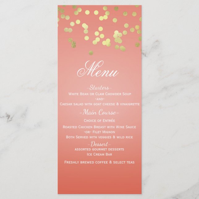 Coral Peach & Gold Dots Chic Invitation Menu Card (Front)