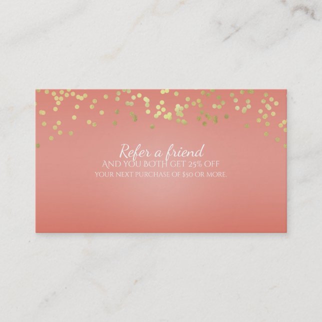 Coral Peach & Gold Dots Chic Refer a Friend Card (Front)