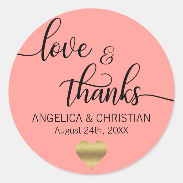 CORAL Peach Gold LOVE & THANKS Wedding Classic Round Sticker (Front)