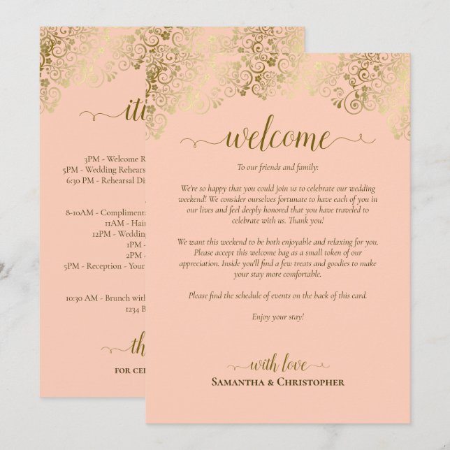 Coral Peach & Gold Wedding Welcome & Itinerary Program (Front/Back)