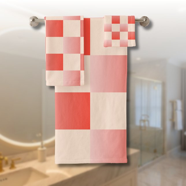 Coral Peach Gradient Chequered Bath Towel Set (Creator Uploaded)
