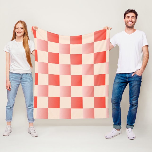 Coral Peach Gradient Chequered Fleece Blanket (In Situ)